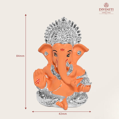 Diviniti 999 Silver Plated Resin Lord Ganesha Idol for Car Dashboard Tabletop for Home Decor Mandir Puja Gift Orange (8.4x4.2cm)