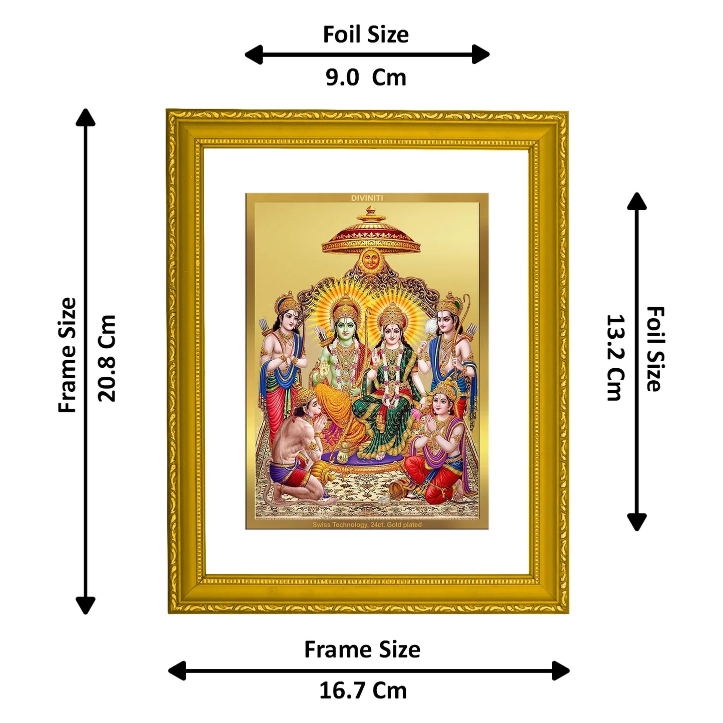 DIVINITI 24K Gold Plated Foil Lord Ram Darbar Wooden Photo Frame Idol for Puja Room, Workshop, Wall Hanging, Home Decor, Gift | DG101 Size 2 (22.6x18.4 CM)