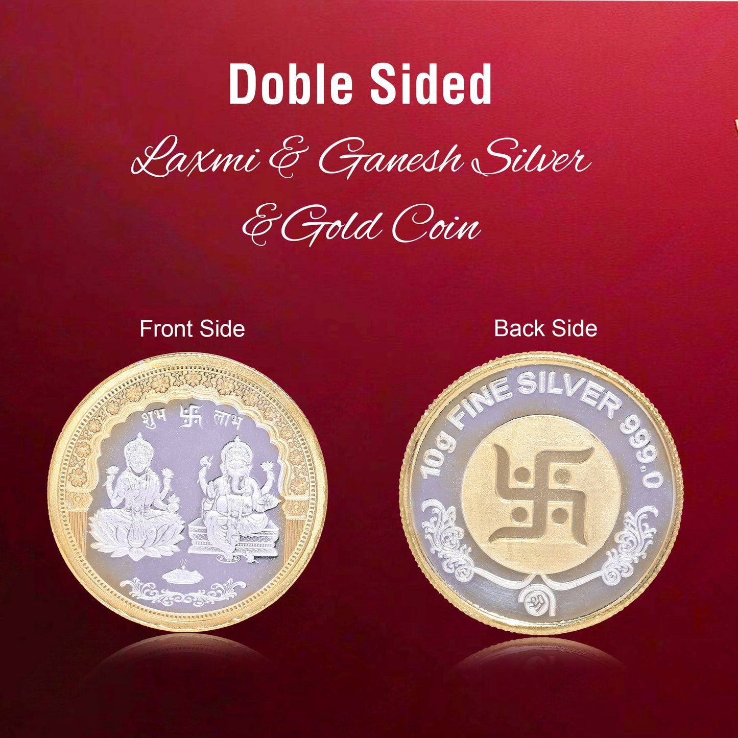 DIVINITI Pure Silver Coin with 24K Gold Plated Laxmi Ganesh and Swastik A Symbol of Wealth and Blessings for Home & Office Décor, Puja Room Diwali Gift (10g)