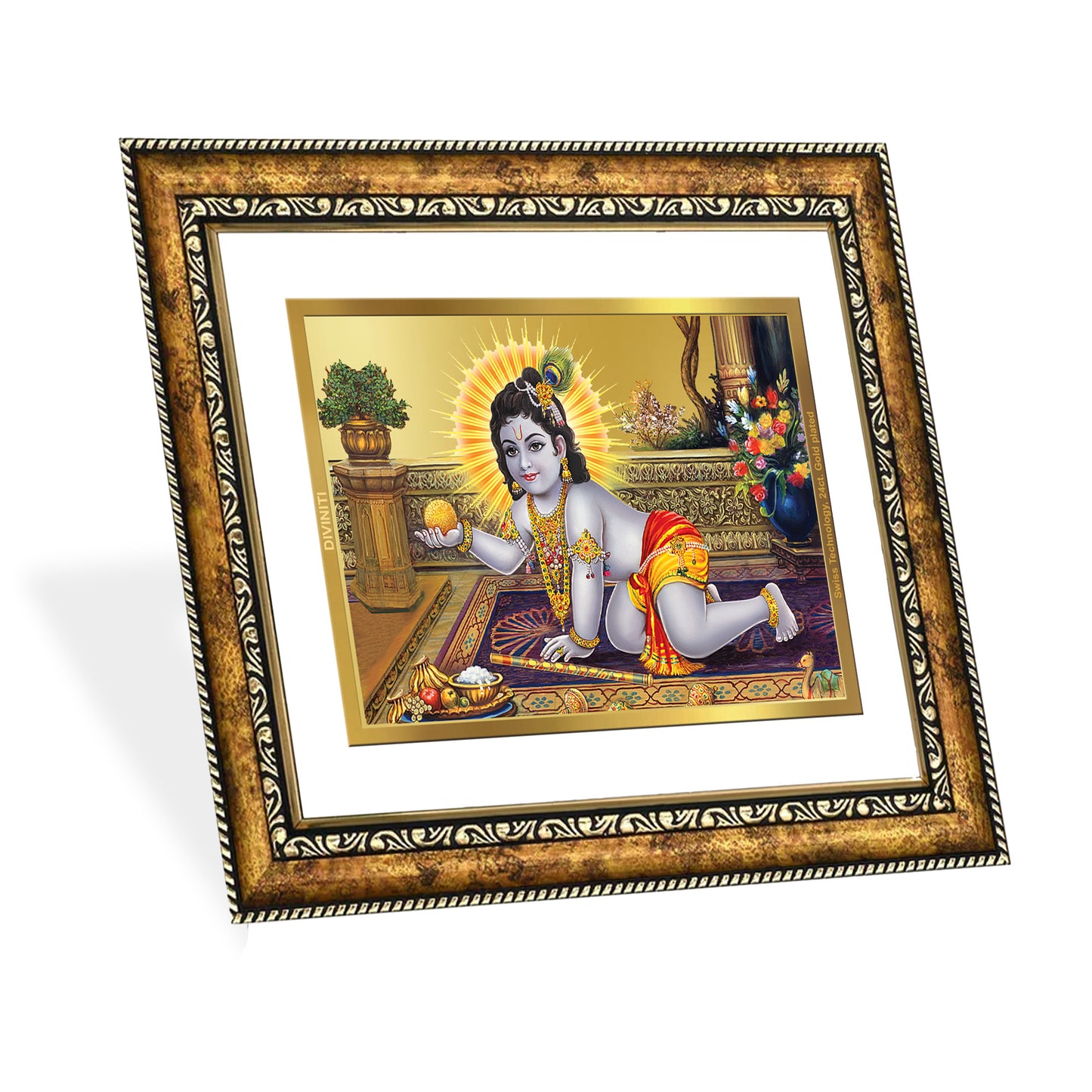 DIVINITI 24K Gold Plated Laddu Gopal Wall Photo Frame for Home Decor, Wall Hanging, Table Top, Puja Room & Gift DG113S3 (27.6X35.4 CM)