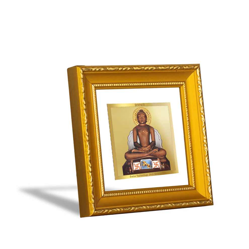 DIVINITI 24K Gold Plated Foil Mahavira Wooden Stylish Wall Photo Frame Idol for Workshop, Puja Room, Table Top, Home Decor, Gifts | DG101S1A (10x10 CM)