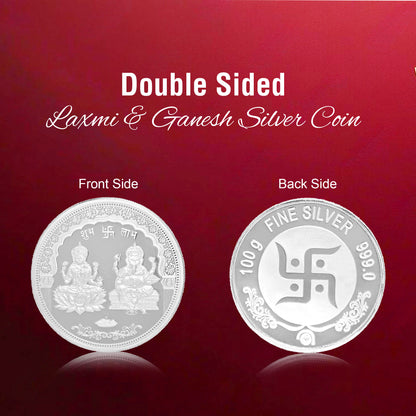 DIVINITI Pure Silver Coin Laxmi Ganesh & Swastik Symbol of Prosperity and Blessings for Home & Office Décor, Puja Room Diwali Gift (100g)