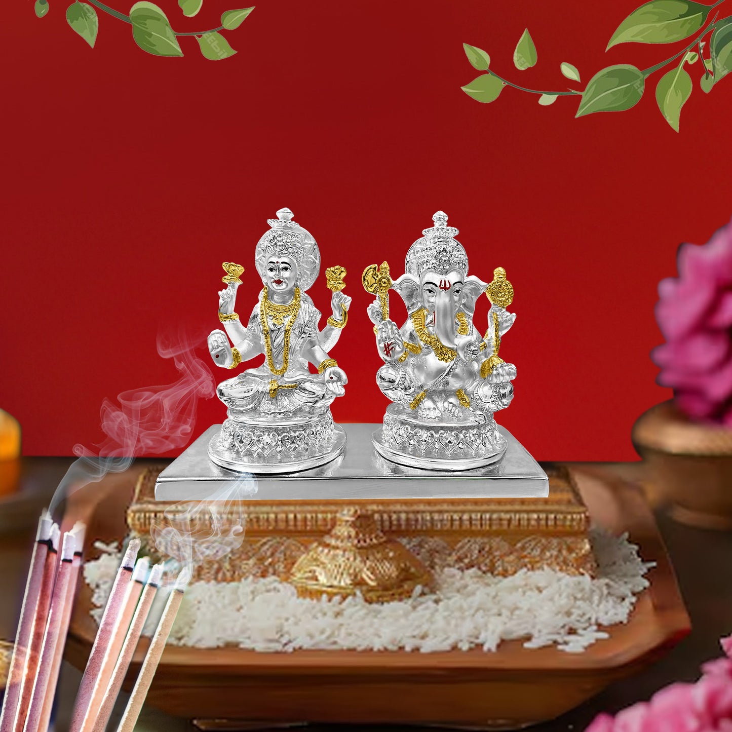 Diviniti 999 Silver Laxmi Ganesh Idol Statue Divine Emblem of Prosperity and Good Fortune for Home Office Décor, Tabletop, Puja Room Gift (10x6.5 CM)