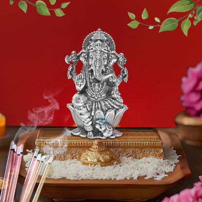 Diviniti 925 Pure Silver Ganesha Idol Statue Exquisite Craftsmanship for Blessings and Abundance for Home Office Décor, Tabletop, Puja Room Gift (6x6.2 CM, 62g)