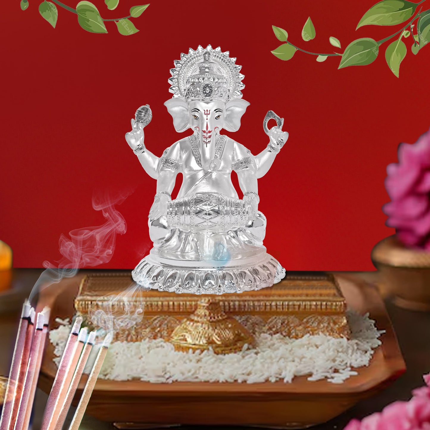 DIVINITI 999 Silver Plated Ganesh Idol Statue Radiate Prosperity and Blessings for Home Office Décor Puja Room Gift (15x12 CM)