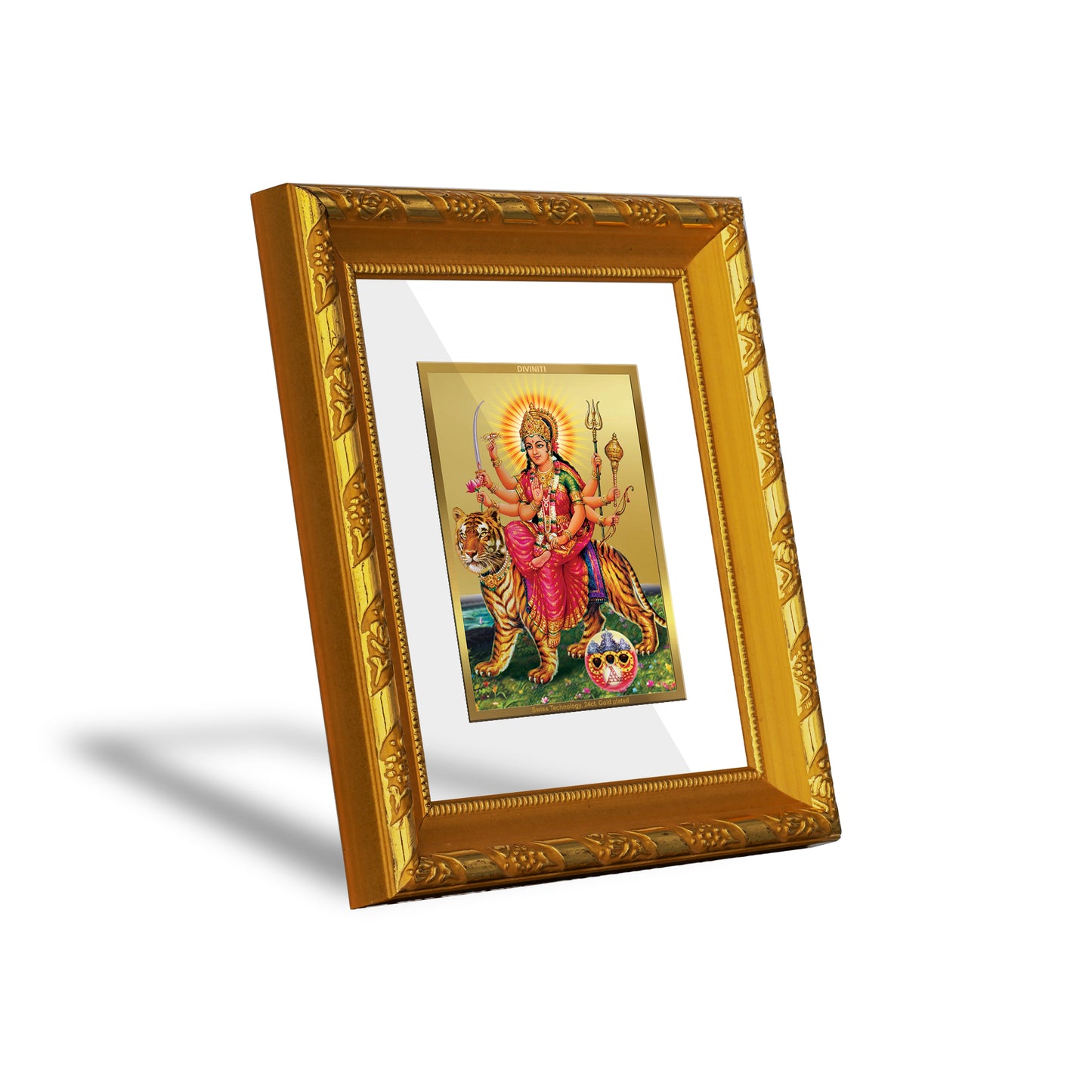 DIVINITI 24K Gold Plated Foil Durga Ji Photo Frame for Living Room, Festival Gift, Puja DG 103 Size 1 (15.3x14.9 CM)