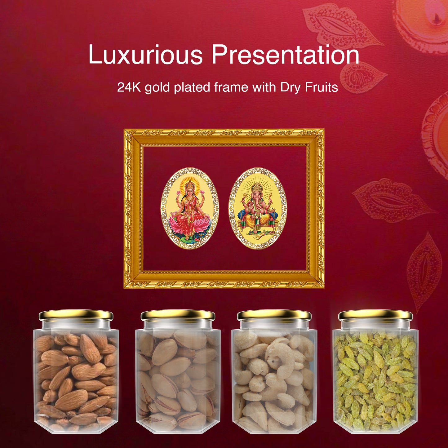 DIVINITI 24K Gold Plated Laxmi Ganesh Idol Photo Frame or Box for Home Decor, Wall Hanging Frame, Office Table & Luxurious Dry Fruits Bottle for Diwali Gift