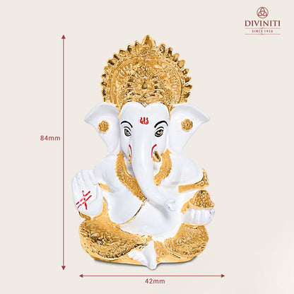 Diviniti 24K Gold Plated Resin Lord Ganesha Idol for Car Dashboard Tabletop for Home Decor Mandir Puja Gift White & Gold (8.4x4.2cm)