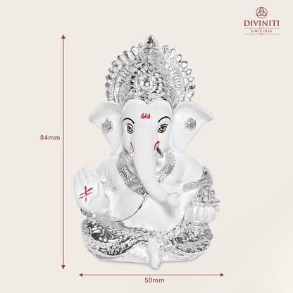 Diviniti 999 Silver Plated Resin Lord Ganesha Idol for Car Dashboard Tabletop for Home Decor Mandir Puja Gift White (8.4x4.2cm)