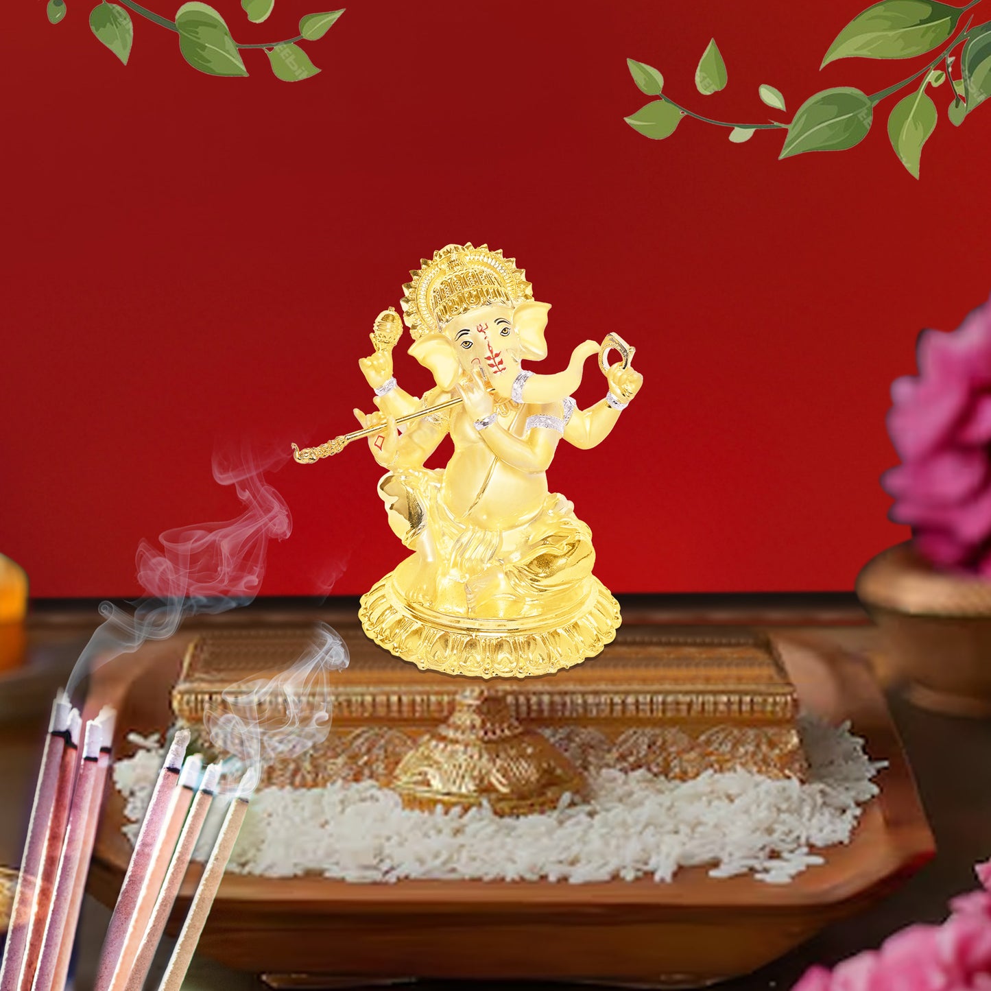 Diviniti 24K Gold Plated Lord Ganesha Idol Statue Elegant Spiritual Décor for Home & Office Pooja Room Accent Gift (15.5x14 CM)