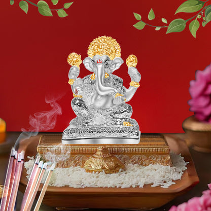 Diviniti 999 Silver Plated Ganpati Idol Statue Divine Symbol of Wisdom and Prosperity for Home Office Décor, Puja Room, Tabletop Gift (10x7.5 CM)