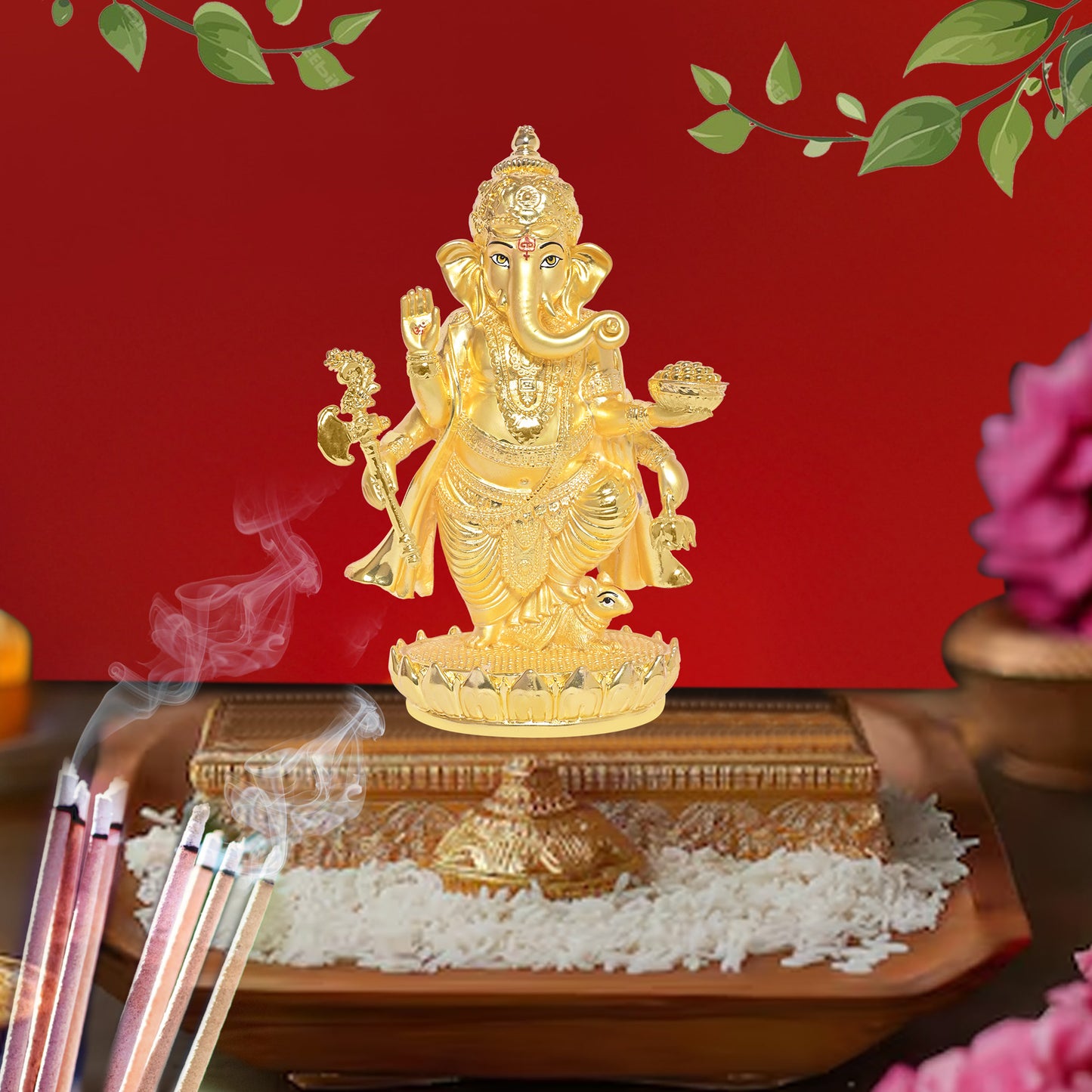 Diviniti 24K Gold Plated Ganesh Ji Idol Statue Exquisite Spiritual Blessing for Home, Office & Pooja Room Gift (19.5x13 CM)