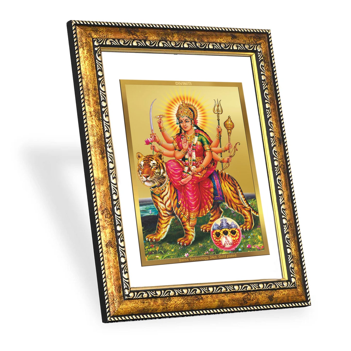 DIVINITI 24K Gold Plated Durga Wall Photo Frame for Home Decor, Wall Hanging, Table Top, Puja Room & Gift DG113S3 (27.6X35.4 CM)