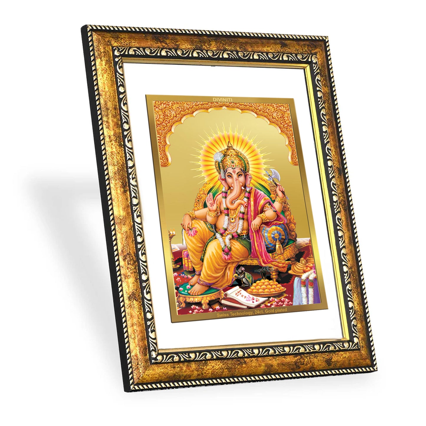 DIVINITI 24k Gold Plated Lord Ganesha Wall Photo Frame, Table Decor| DG Frame 113 Size 3 (33.3 CM X 26 CM)