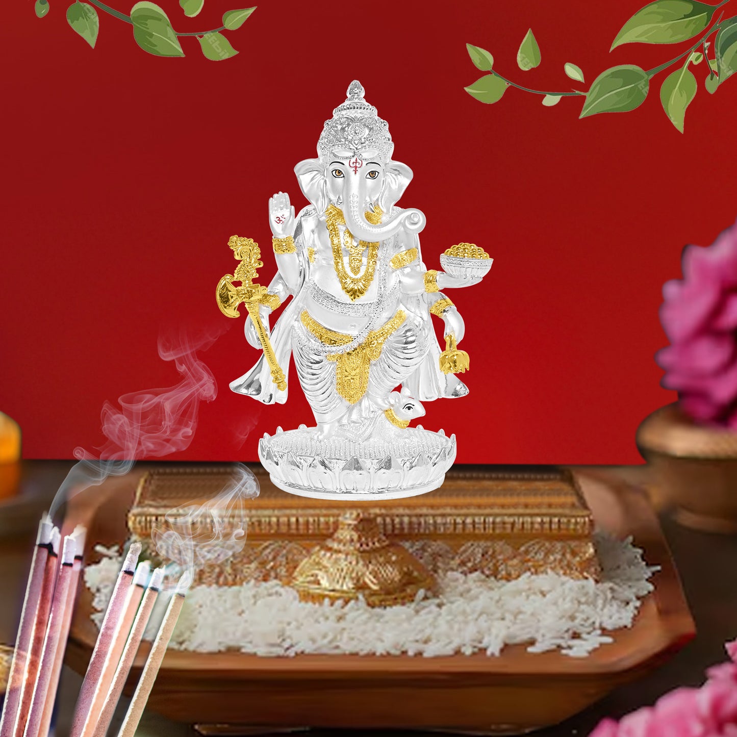 Diviniti 999 Silver Plated Ganesh Ji Idol Statue Exquisite Spiritual Blessing for Home, Office & Pooja Room Gift (19.5x13 CM)