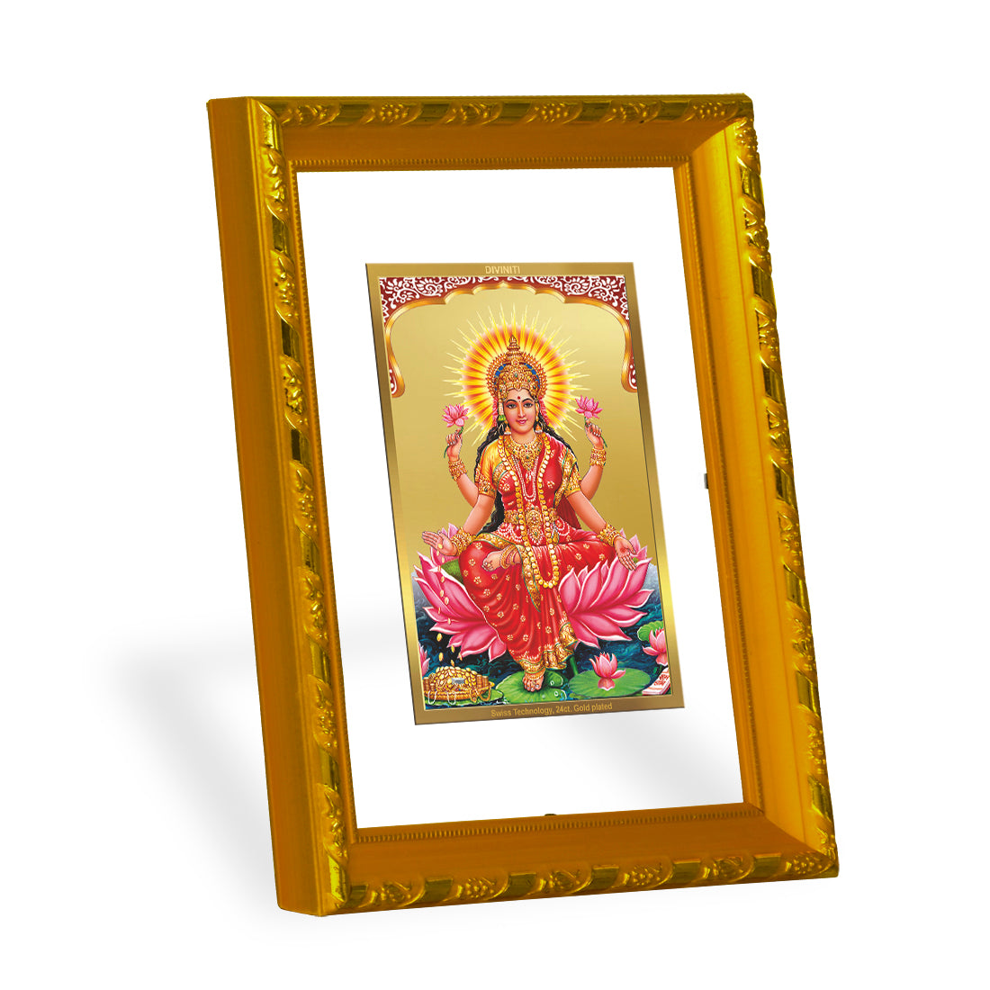 DIVINITI 24K Gold Plated Goddess Lakshmi Wooden Luxurious Photo Frame Idol for Home Decor, Table Top, Wall Hanging, Workshop, Premium Gift | DG103 Size 2 (22.6x18.4 CM)