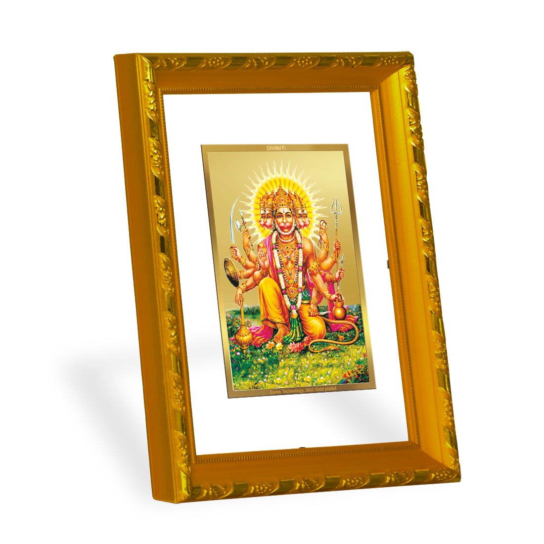 DIVINITI 24K Gold Plated Panchmukhi Hanuman Wooden Classic Photo Frame Idol for Home Decor, Puja Room, Table Top, Wall Hanging, Workshop, Luxurious Gift | DG103 Size 2 (22.6x18.4 CM)