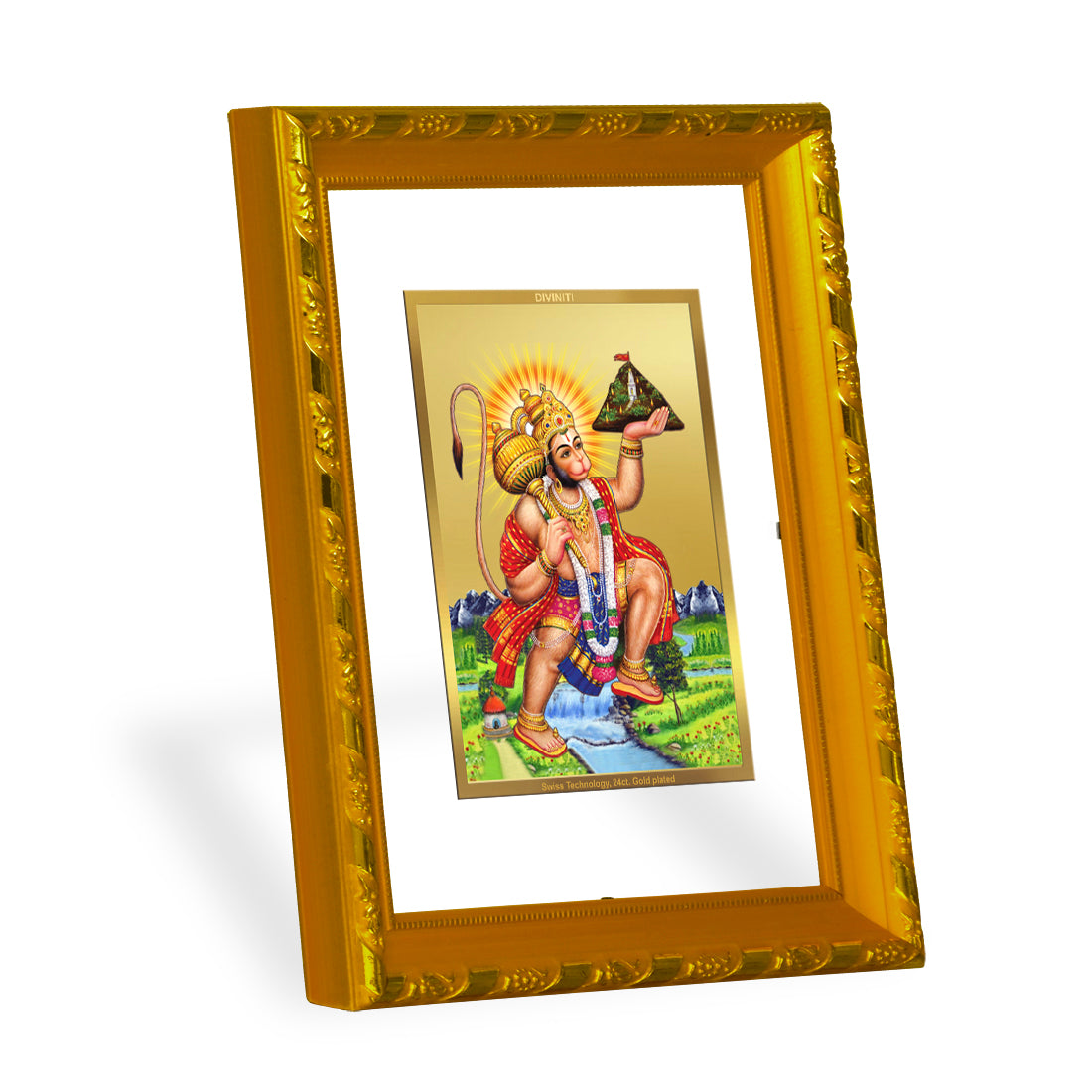 DIVINITI 24K Gold Plated Foil Lord Hanuman Photo Frame Idol for Wall Hanging, Workshop, Table Top, Home Decor, Gift|DG103 Size 2 (22.6x18.4 CM)