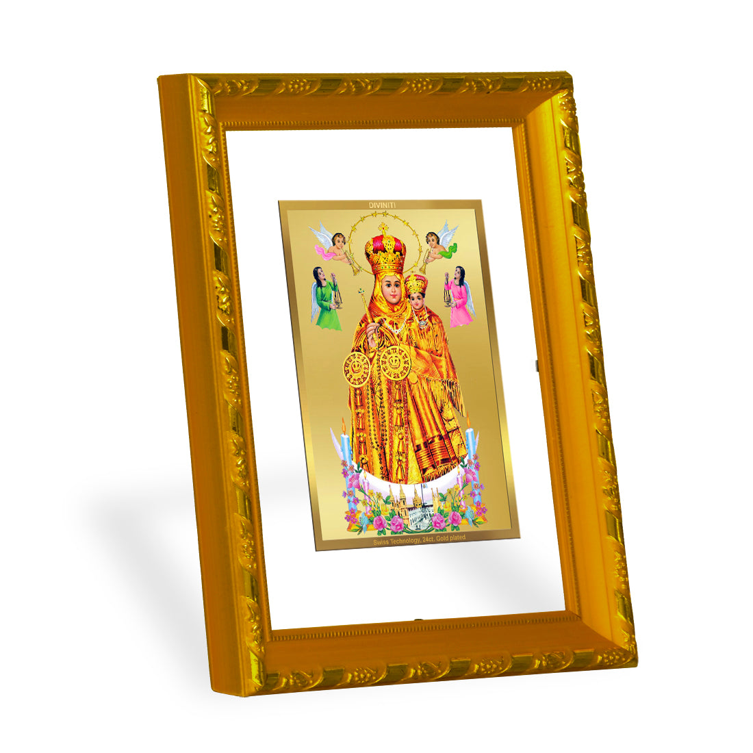 DIVINITI 24K Gold Plated Foil Lady Of Health Photo Frame Idol for Home Decor, Puja Room, Table Top, Wall Hanging, Workshop, Luxurious Gift|DG103 Size 2 (22.6x18.4 CM)