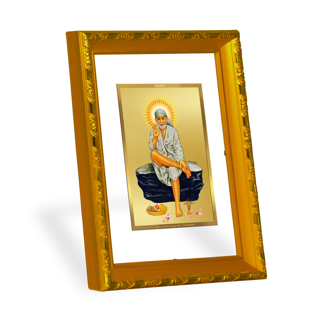 DIVINITI 24K Gold Plated Sai Baba Wooden Luxurious Photo Frame Idol for Home Wall Decor, Workshop, Table Top, Premium Gift | DG103 Size 2 (22.6x18.4 CM)