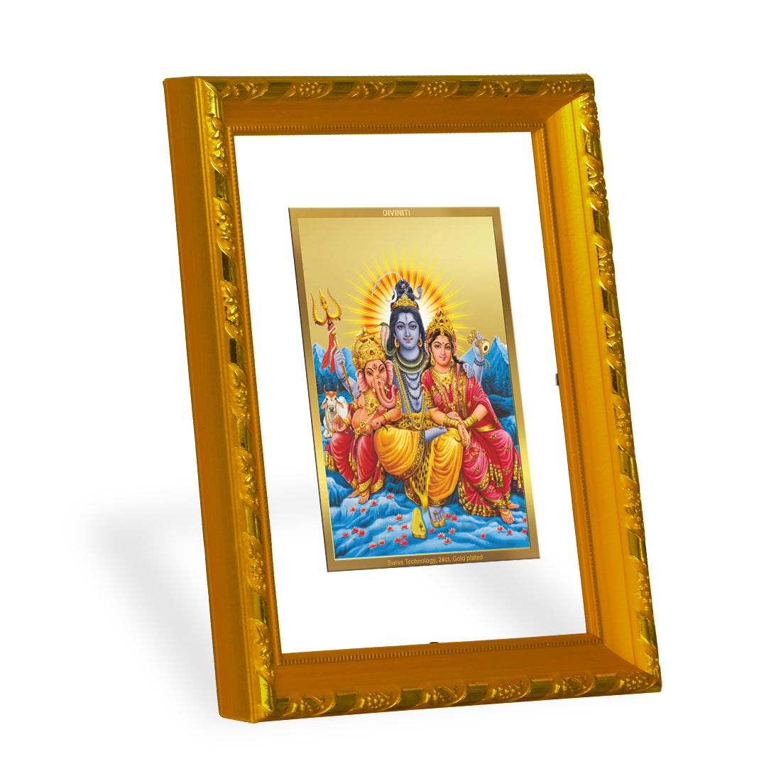 DIVINITI 24K Gold Plated Lord Shiv Parivar Wooden Photo Frame Idol for Home Decor, Puja Room, Table Top, Wall Hanging, Workshop, Luxurious Gift | DG103 Size 2 (22.6x18.4 CM)