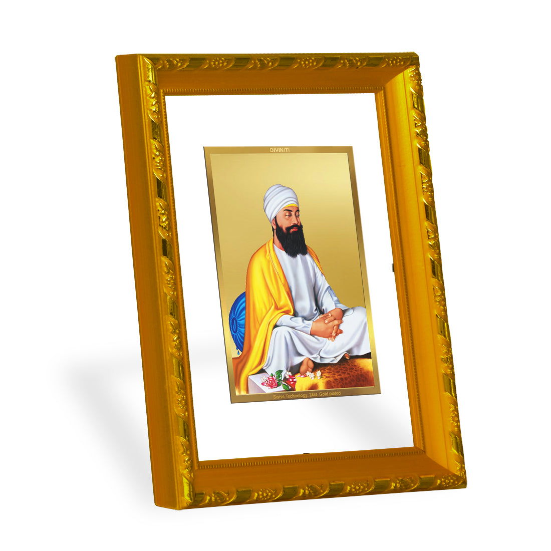 DIVINITI 24K Gold Plated Guru Tegh Bahadur Ji Wooden Traditional Photo Frame Idol for Home Wall Decor, Workshop, Table Top, Premium Gift | DG103 Size 2 (22.6x18.4 CM)