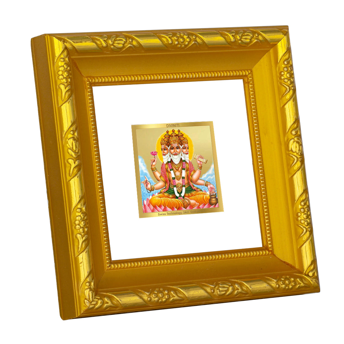 DIVINITI 24K Gold Plated Foil Lord Brahma Ji Wooden Luxurious Photo Frame for Puja Room, Home Decor, TableTop, Gift Item | DG103S1A (10x10 CM)