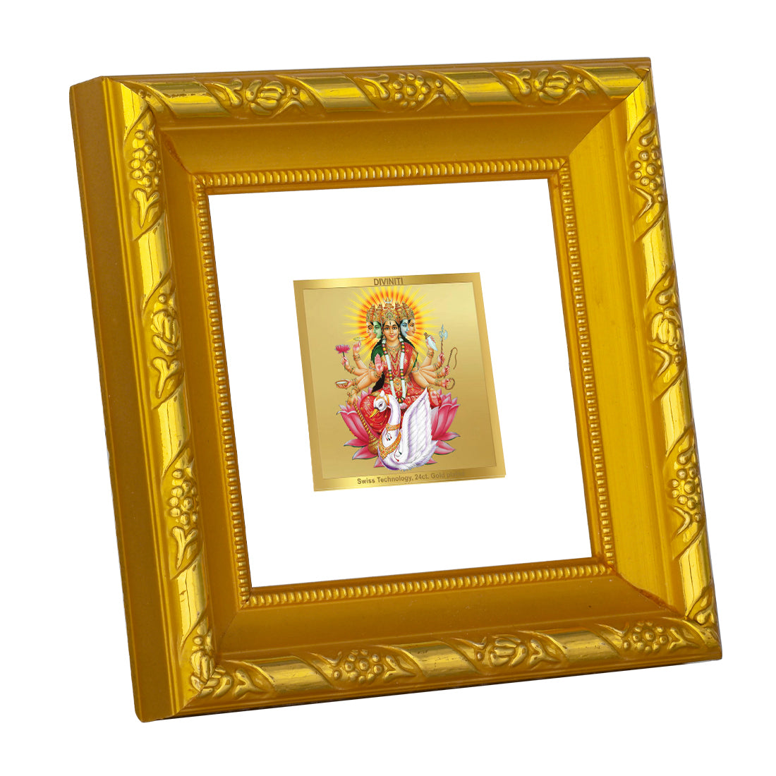 DIVINITI 24K Gold Plated Foil Gayatri Mata Wooden Photo Frame Idol for Wall Hanging, Workshop, Home Decor, Puja Room, Luxurious Gifts | DG103S1A (10x10 CM)