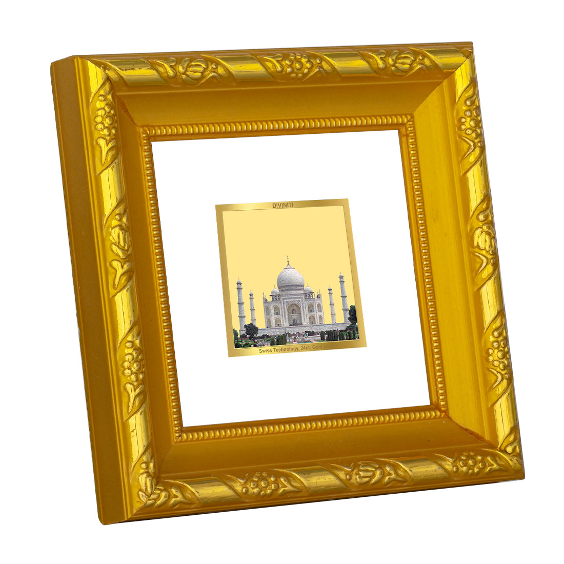 DIVINITI 24K Gold Plated Taj Mahal Wooden Stylish Wall Photo Frame Idol for Table Top, Home & Office Decor, Workshop, Luxury Gifts | DG103S1A (10x10 CM)