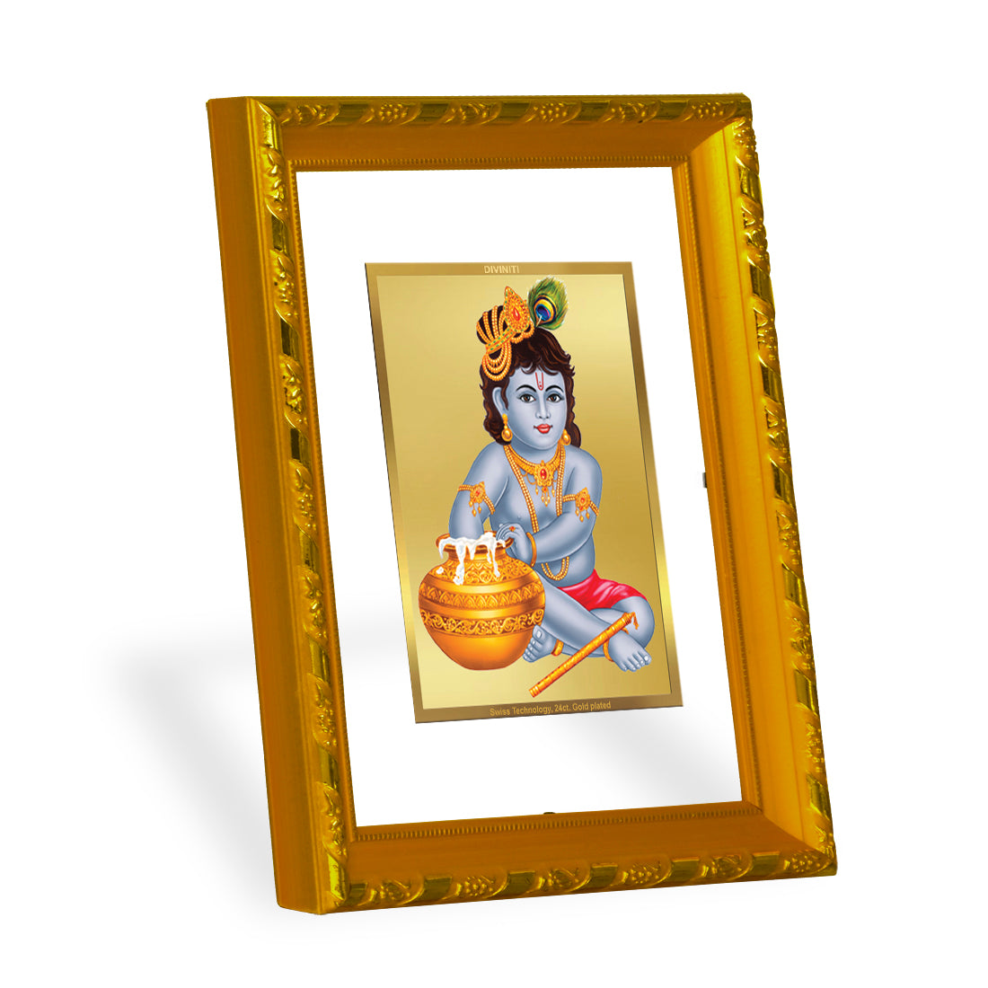 DIVINITI 24K Gold Plated Bal Gopal Wooden Elegant Photo Frame Idol for Puja Room, Home Wall Decor, Workshop, Table Top, Premium Gift | DG103 Size 2 (22.6x18.4 CM)