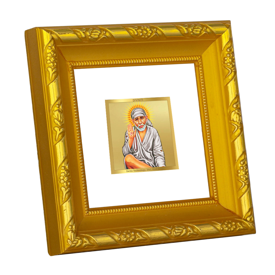 DIVINITI 24K Gold Plated Sai Baba Wooden Classic Wall Photo Frame Idol for Home Decor, Puja Room, Table Top, Workshop, Gifts | DG103S1A (10x10 CM)