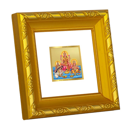 DIVINITI 24K Gold Plated Foil Laxmi Ganesha Saraswati Wooden Wall Photo Frame Idol for Home Decor, Puja Room, Table Top, Workshop, Gifts | DG103S1A (10x10 CM)