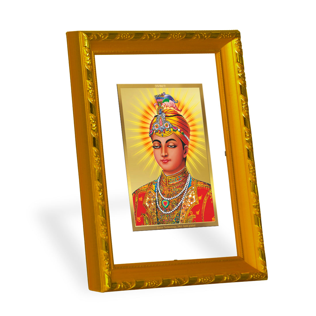 DIVINITI 24K Gold Plated Guru Harkrishan Wooden Photo Frame Idol for Home Decor, Puja Room, Table Top, Wall Hanging, Workshop, Luxurious Gift | DG103 Size 2 (22.6x18.4 CM)