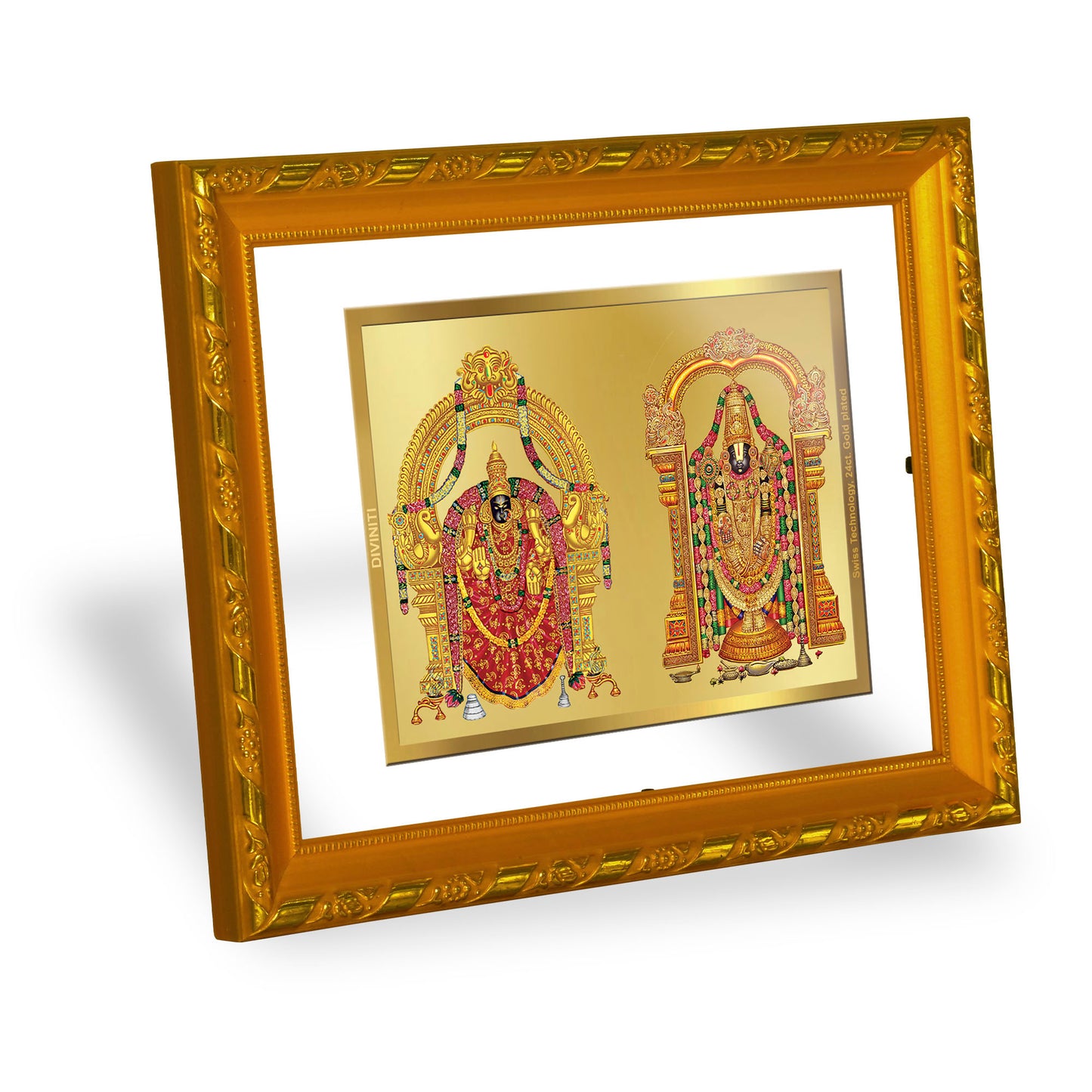 DIVINITI 24K Gold Plated Padmavathi Balaji Wooden Elegant Photo Frame Idol for Puja Room, Home Wall Decor, Workshop, Table Top, Premium Gift | DG103 Size 2 (22.6x18.4 CM)