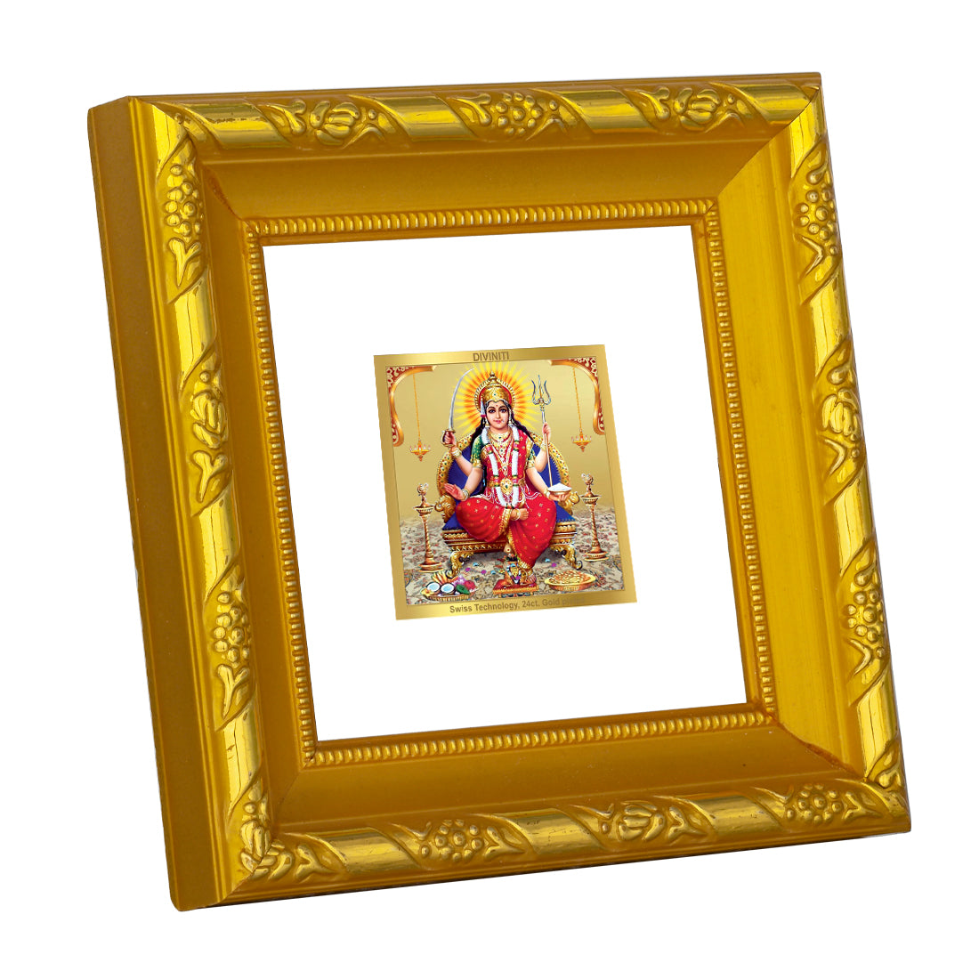 DIVINITI 24K Gold Plated Santoshi Mata Wooden Photo Frame Idol for Puja Room, Wall Hanging, Table Top, Home Decor, Workshop, Gifts | DG103S1A (10x10 CM)