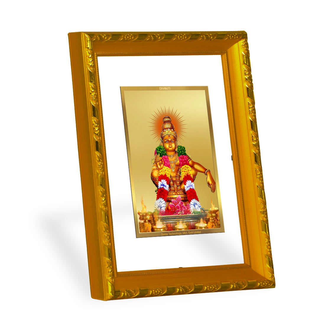 DIVINITI 24K Gold Plated Ayyappan Wooden Religious Photo Frame Idol for Home Decor, Puja Room, Table Top, Wall Hanging, Workshop, Luxurious Gift | DG103 Size 2 (22.6x18.4 CM)