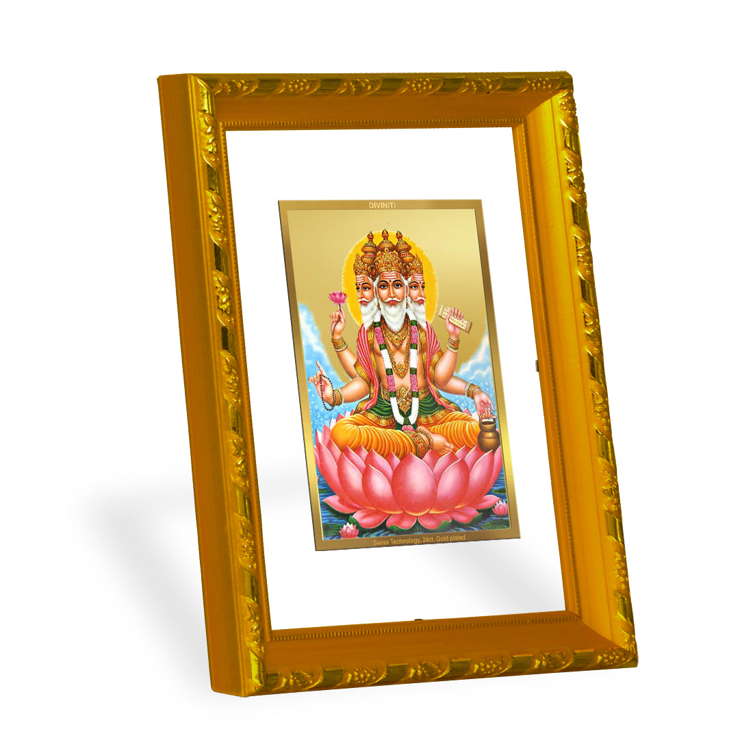 DIVINITI 24K Gold Plated Lord Brahma Wooden Modern Photo Frame Idol for Wall Hanging, Workshop, Table Top, Home Decor, Luxury Gift | DG103 Size 2 (22.6x18.4 CM)