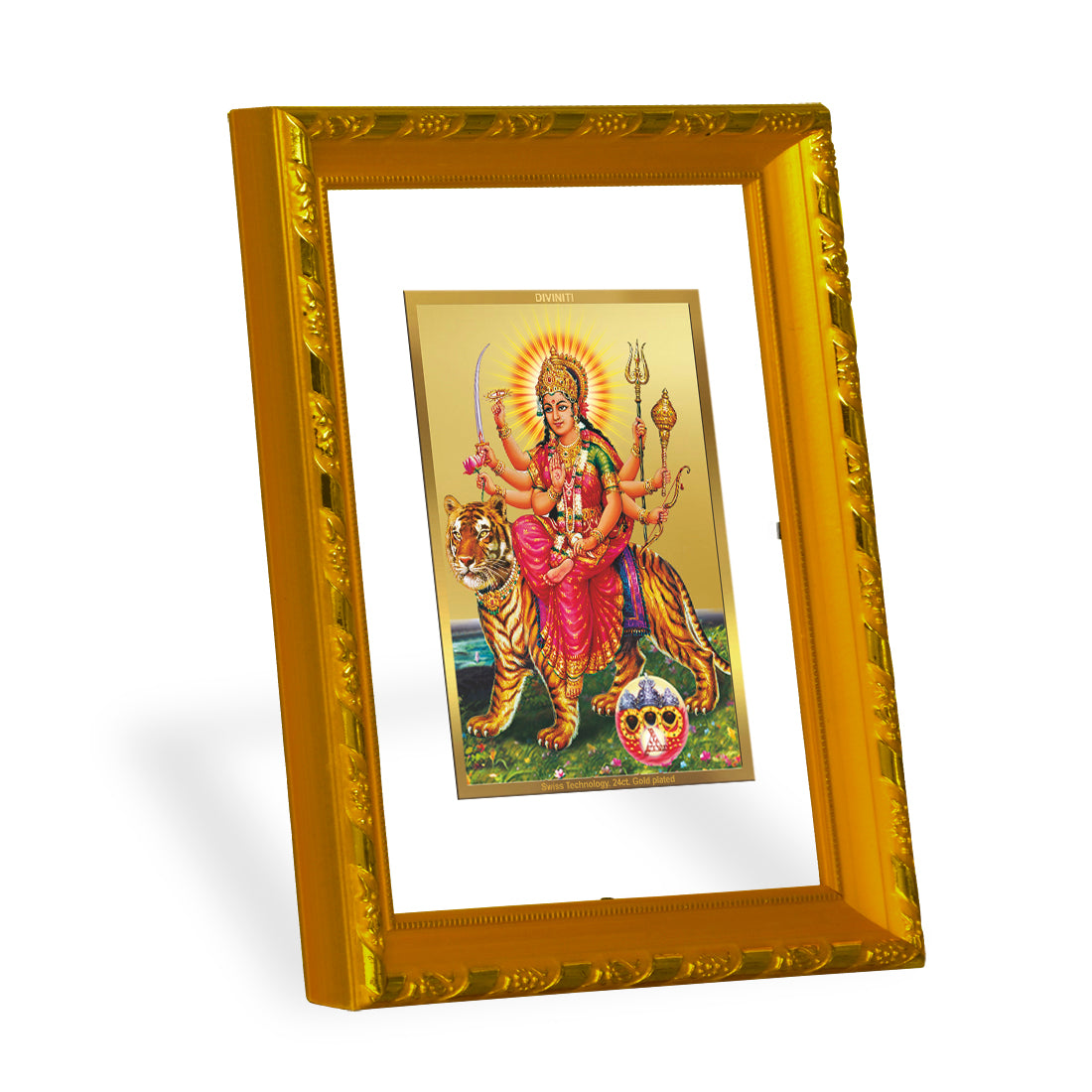 DIVINITI 24K Gold Plated Lord Durga Wooden Elegant Photo Frame Idol for Wall Hanging, Workshop, Table Top, Home Decor, Luxury Gift | DG103 Size 2 (22.6x18.4 CM)