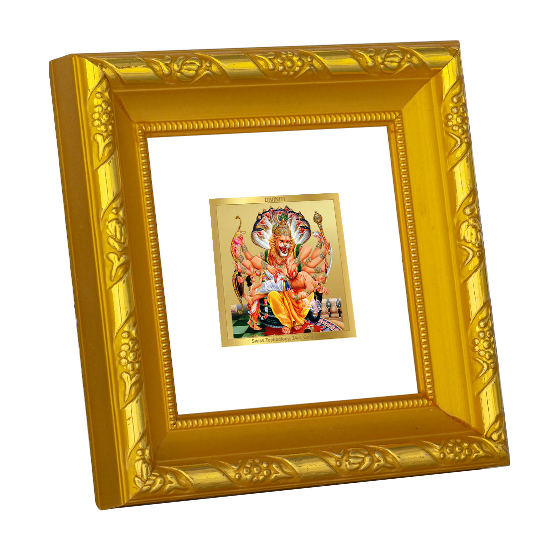 DIVINITI 24K Gold Plated Foil Narsimha Traditional Wall Photo Frame Idol for Workshop, Puja Room, Home Decor, Luxury Gifts | DG103S1A (10x10 CM)