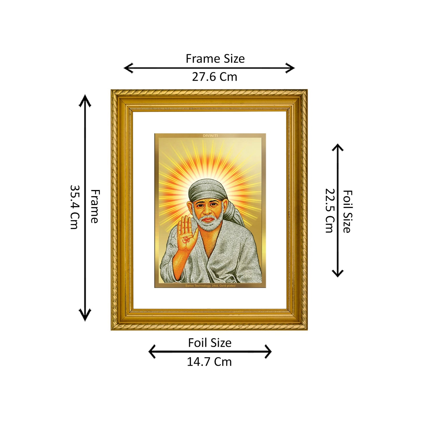 DIVINITI 24K Gold Plated Shirdi Sai Baba Wall Photo Frame for Home Decor, Wall Hanging, Table Top, Puja Room & Gift DG056S3 (27.6X35.4 CM)