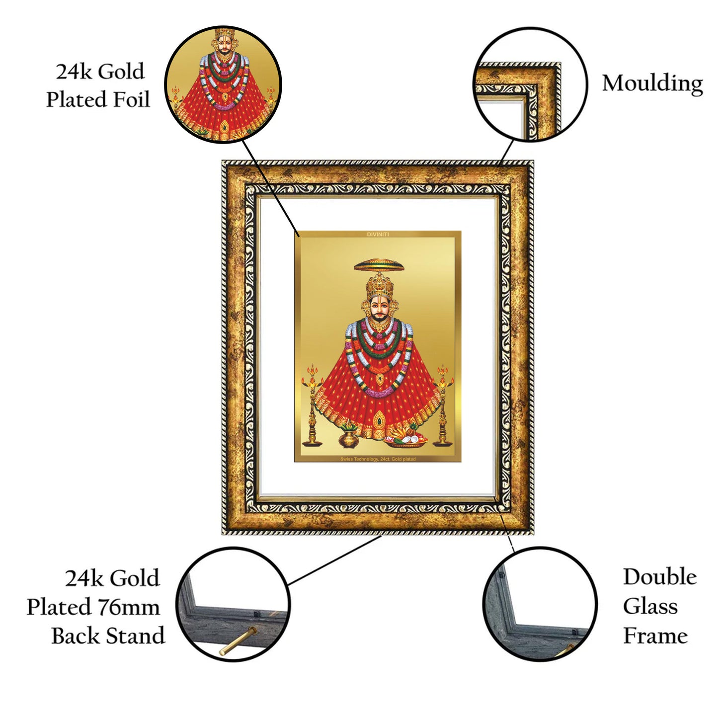 DIVINITI 24K Gold Plated Khatu Shyam with Garlands Wall Photo Frame for Home Decor, Wall Hanging, Table Top, Puja Room & Gift DG113S3 (27.6X35.4 CM)