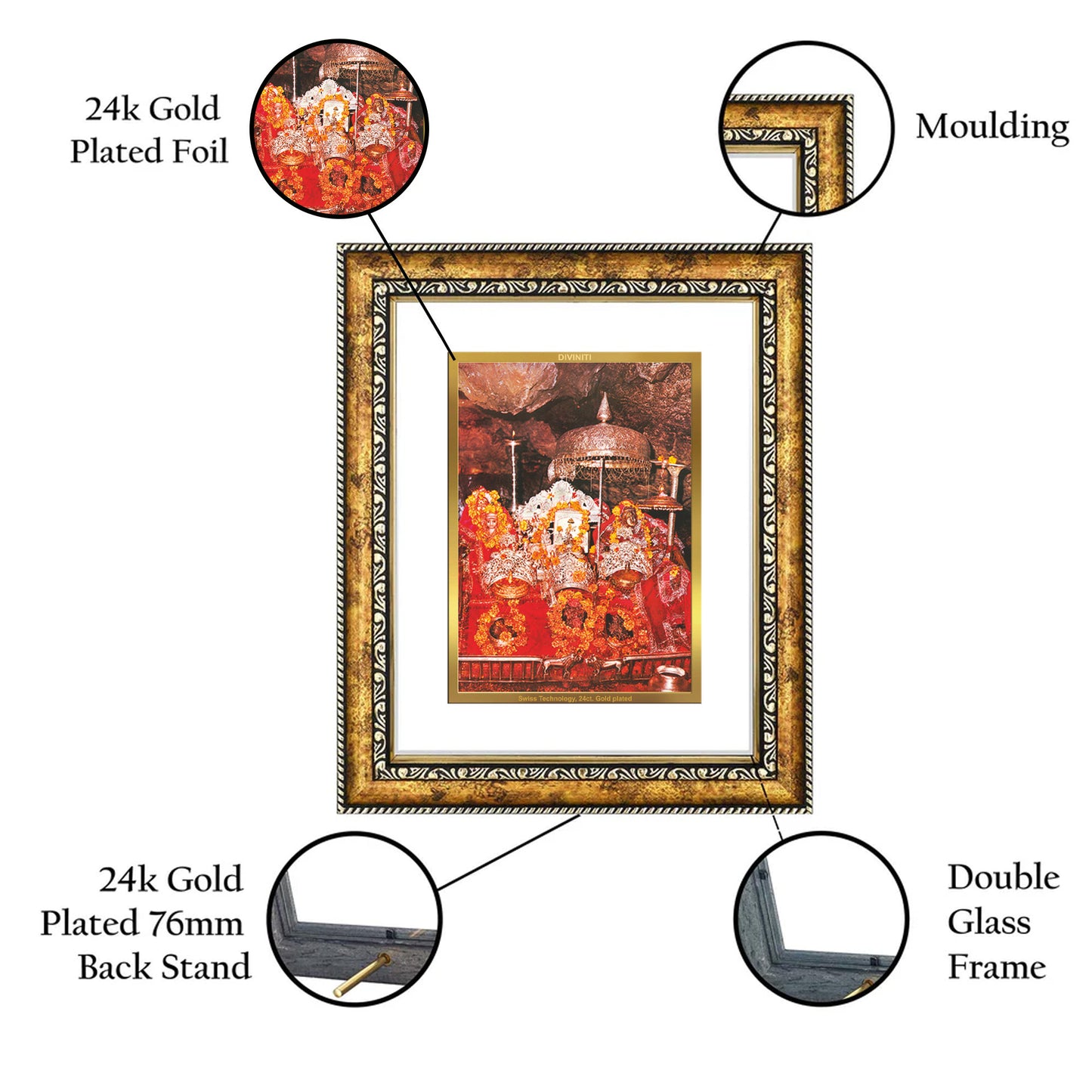 DIVINITI 24K Gold Plated Mata Ka Darbar Wall Photo Frame for Home Decor, Wall Hanging, Table Top, Puja Room & Gift DG113S3 (27.6X35.4 CM)