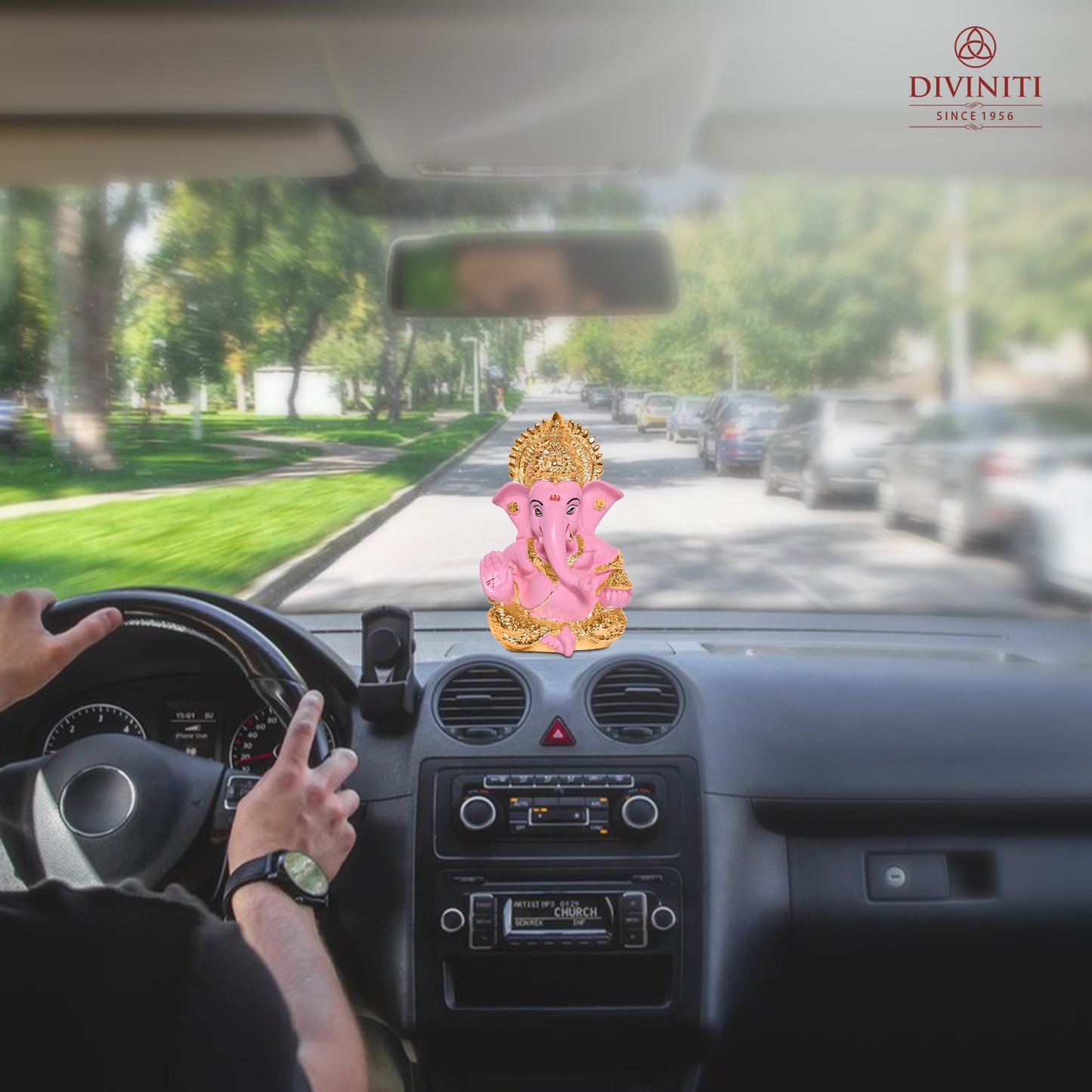 Diviniti 24K Gold Plated Resin Lord Ganesha Idol for Car Dashboard Tabletop for Home Decor Mandir Puja Gift Baby Pink (8.4x4.2cm)