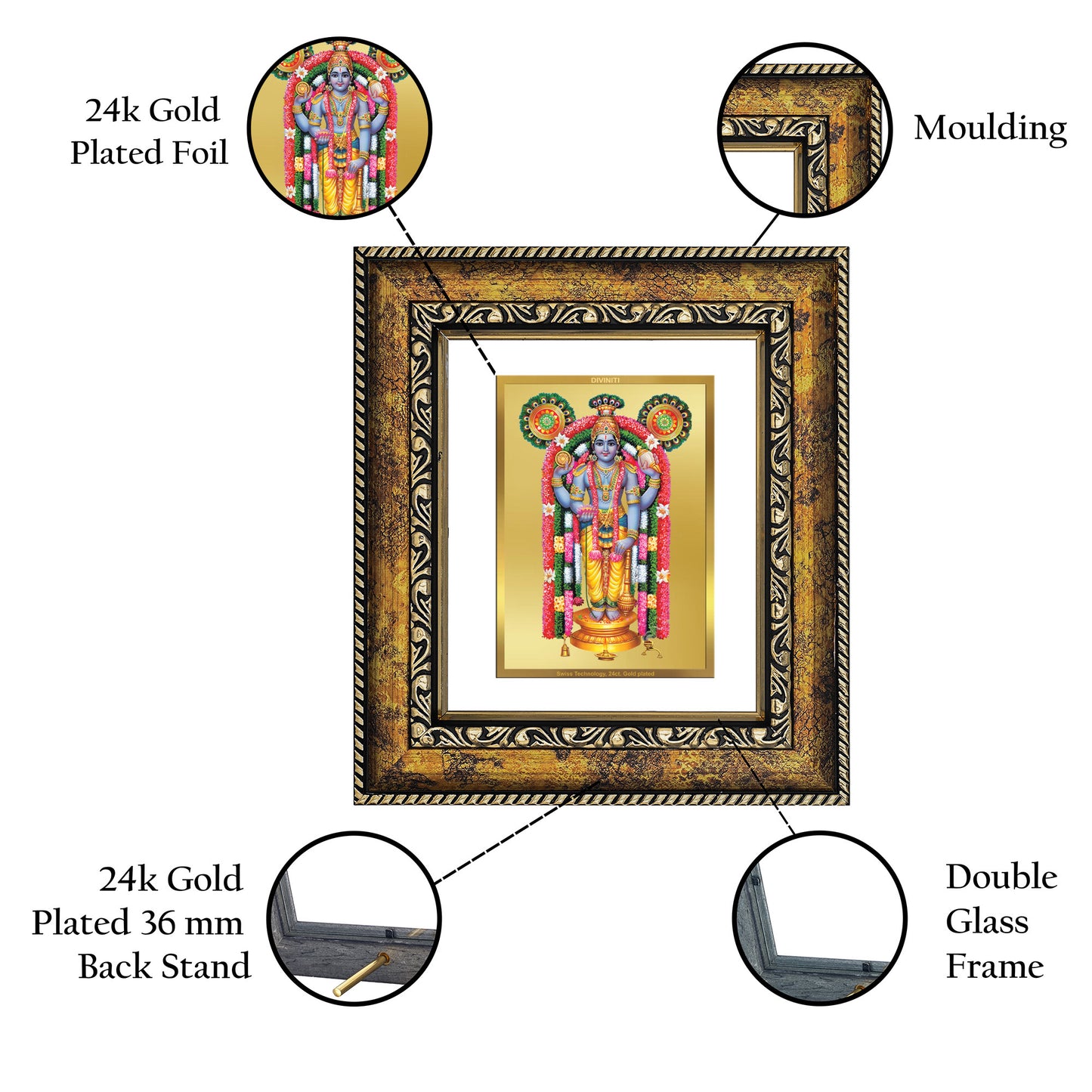 DIVINITI 24K Gold Plated Foil Guruvayurappan Wall Photo Frame, Table Decor for Home & Office Decor Gift Items DG 113 Size 1 (17.7x15.9 CM)