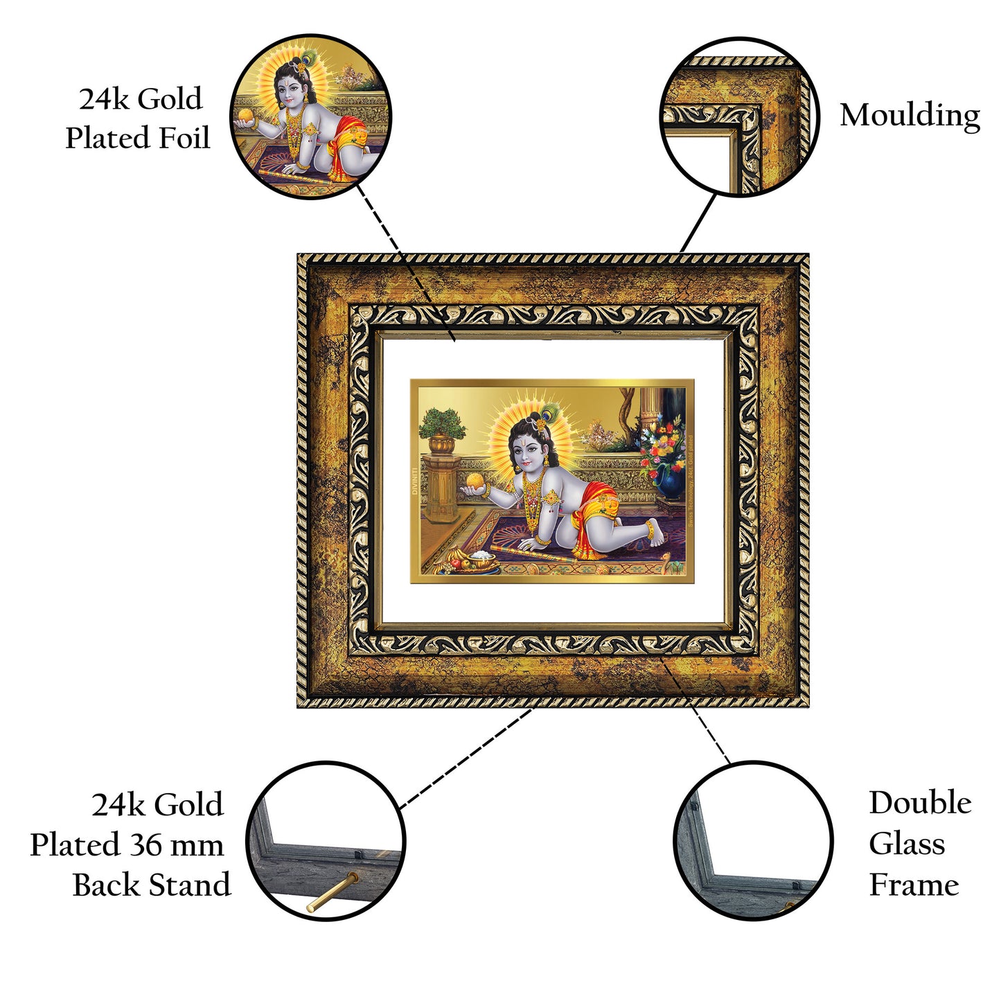 DIVINITI 24K Gold Plated Foil Laddu Gopal Wall Photo Frame, Table Decor for Home & Office Decor Gift Items DG 113 Size 1 (17.7x15.9 CM)