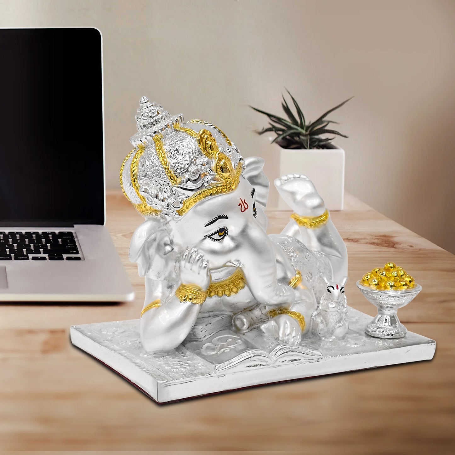 Diviniti 999 Silver-Plated Bal Ganesha Statue Delightful & Blessing for Home Décor Office Tabletop, Pooja Room (12x14 CM)