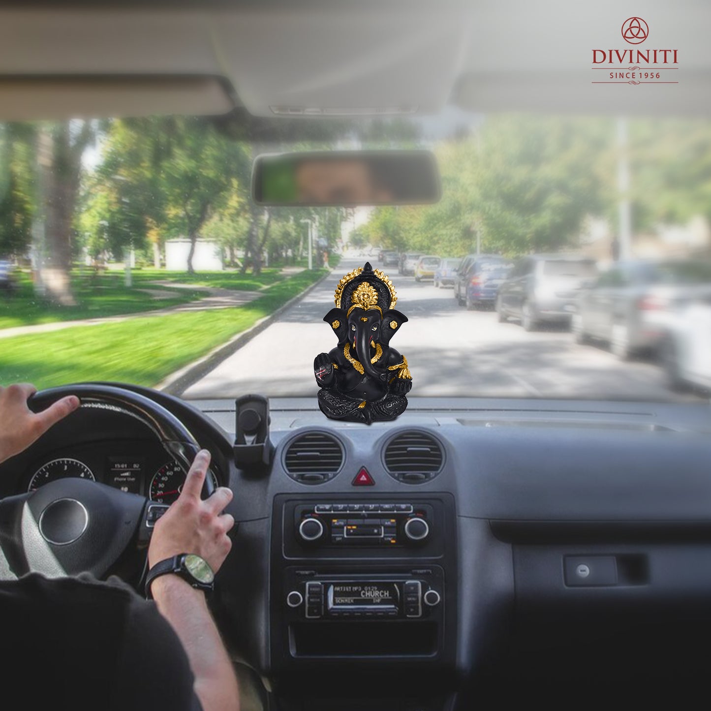 Diviniti 24K Gold Plated Resin Lord Ganesha Idol for Car Dashboard Tabletop For Home Decor Mandir Puja Gift Matte BlacK (8.4x4.2cm)