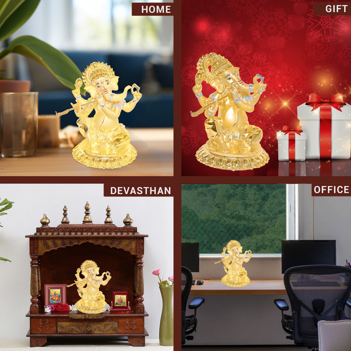 Diviniti 24K Gold Plated Lord Ganesha Idol Statue Elegant Spiritual Décor for Home & Office Pooja Room Accent Gift (15.5x14 CM)