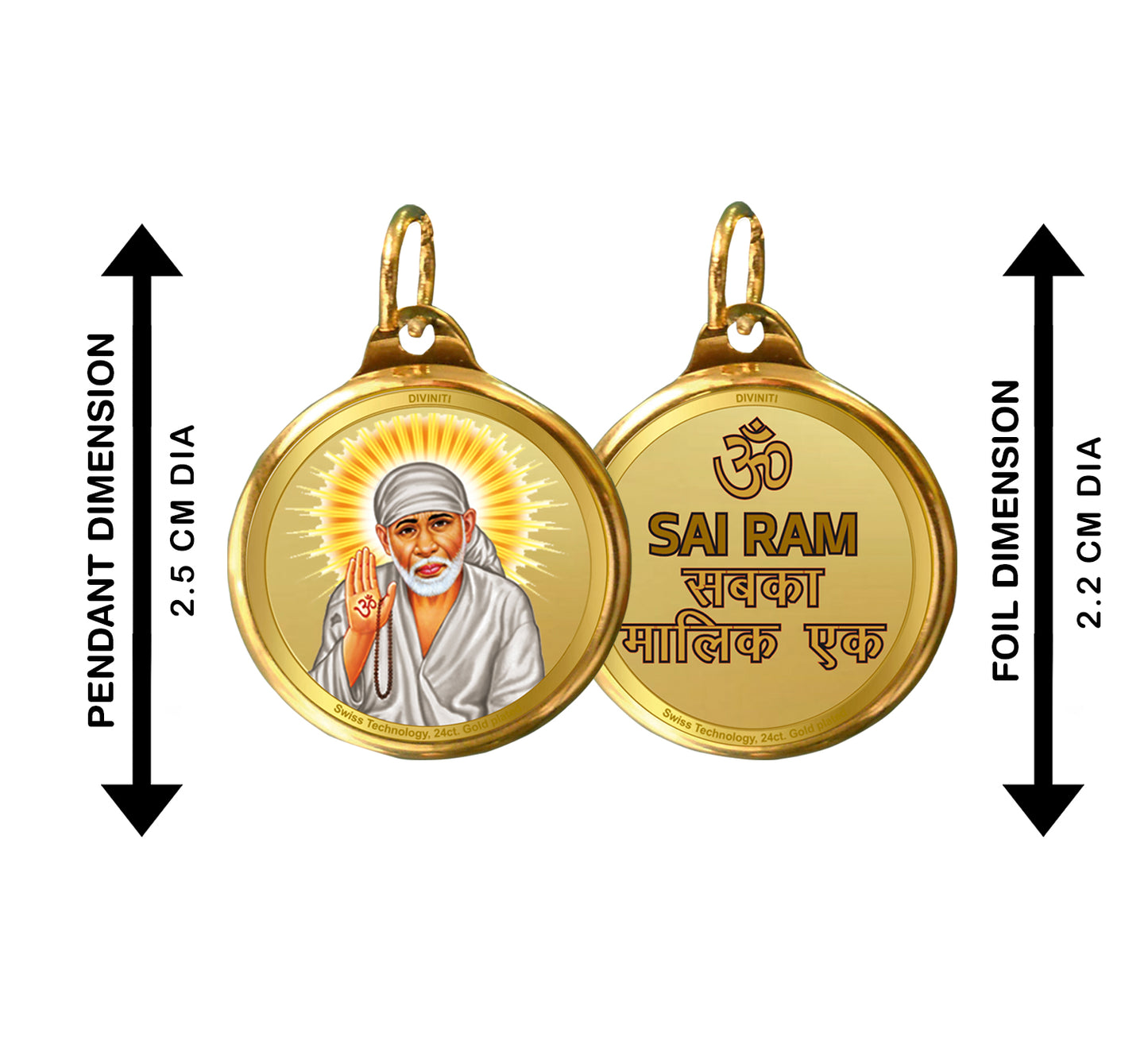 Diviniti 24K Gold Plated Sai Baba & Om 22MM Double Sided Pendant For Men, Women & Kids