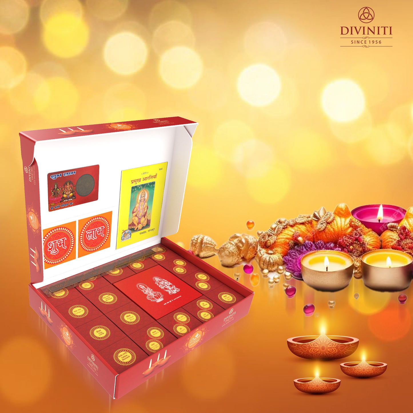 Diviniti Diwali Puja Samagri Kit for Home and Office Deepawali | Diwali Puja Kit with Handcrafted 24K Gold Plated Lakshmi Ganesha Frame, 24K Gold Plated Coin and Other Important Items for Puja Room & Diwali Gift